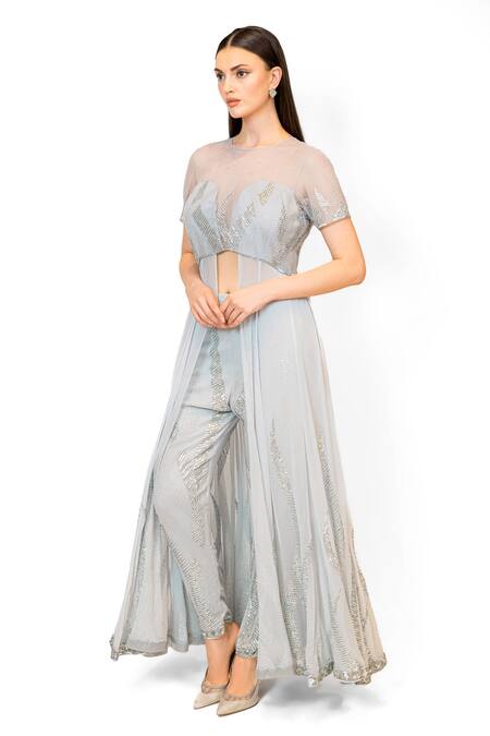 Shop Rabani & Rakha Grey Georgette Sequins Round Neck Front Slit Embroidered Anarkali With Pant Online at Aza Fashions Shop_Rabani & Rakha_Grey Georgette Sequins Round Neck Front Slit Embroidered Anarkali With Pant _Online_at_Aza_Fashions