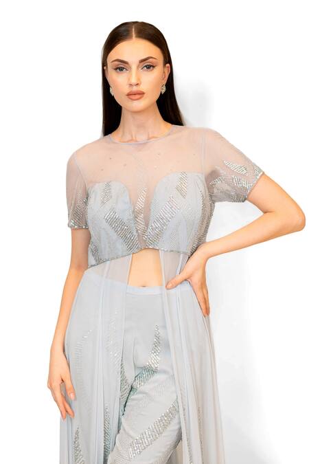 Rabani & Rakha Grey Georgette Sequins Round Neck Front Slit Embroidered Anarkali With Pant at Aza Fashions Rabani & Rakha_Grey Georgette Sequins Round Neck Front Slit Embroidered Anarkali With Pant _at_Aza_Fashions