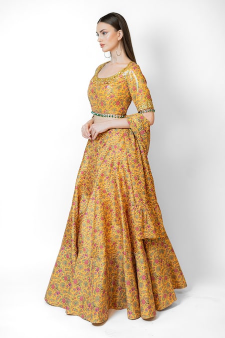 Rabani & Rakha_Yellow Silk, Net Crystals Round Neck Retro Floral Print Lehenga Set _Online_at_Aza_Fashions