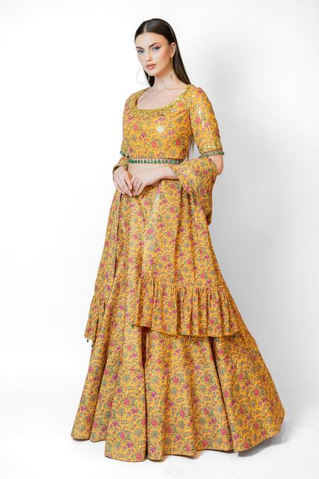 Buy_Rabani & Rakha_Yellow Silk, Net Crystals Round Neck Retro Floral Print Lehenga Set _Online_at_Aza_Fashions