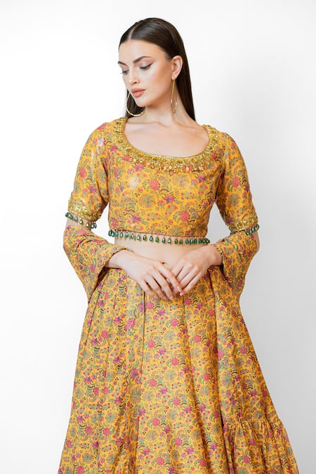 Shop_Rabani & Rakha_Yellow Silk, Net Crystals Round Neck Retro Floral Print Lehenga Set _Online_at_Aza_Fashions
