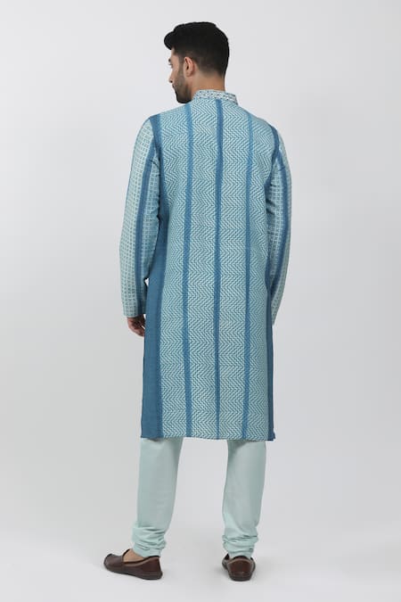 Krishna Mehta Blue Tussar Zari, Embroidery Chevron Block Print Kurta Set Online at Aza Fashions Krishna Mehta_Blue Tussar Zari, Embroidery Chevron Block Print Kurta Set _Online_at_Aza_Fashions