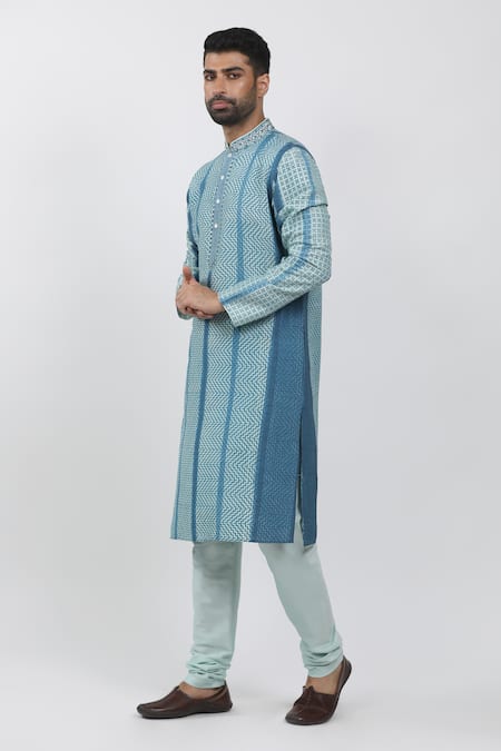 Buy Krishna Mehta Blue Tussar Zari, Embroidery Chevron Block Print Kurta Set Online at Aza Fashions Buy_Krishna Mehta_Blue Tussar Zari, Embroidery Chevron Block Print Kurta Set _Online_at_Aza_Fashions