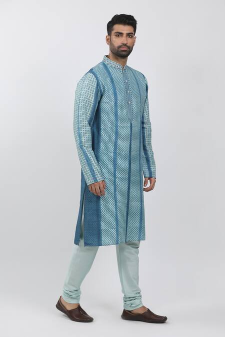 Shop Krishna Mehta Blue Tussar Zari, Embroidery Chevron Block Print Kurta Set Online at Aza Fashions Shop_Krishna Mehta_Blue Tussar Zari, Embroidery Chevron Block Print Kurta Set _Online_at_Aza_Fashions
