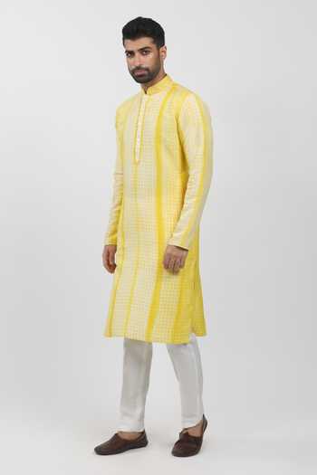 Buy_Krishna Mehta_Yellow Tussar, Cotton Geometric Block Print Kurta Set _Online_at_Aza_Fashions