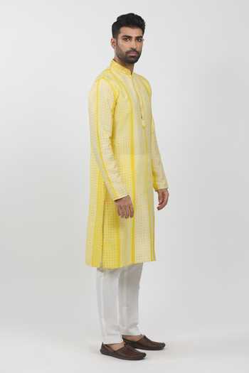 Shop_Krishna Mehta_Yellow Tussar, Cotton Geometric Block Print Kurta Set _Online_at_Aza_Fashions