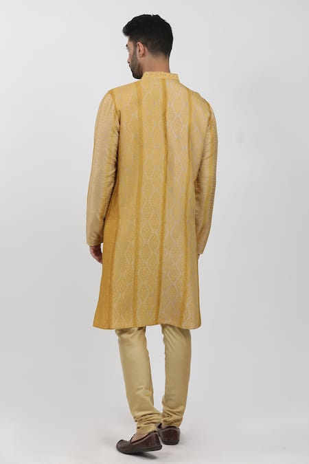 Krishna Mehta_Yellow Tussar, Cotton Embroidery Hand Block Print Kurta Set _Online_at_Aza_Fashions