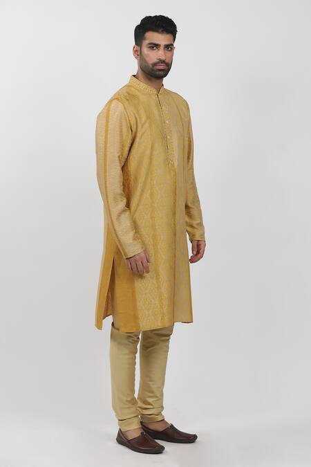 Buy_Krishna Mehta_Yellow Tussar, Cotton Embroidery Hand Block Print Kurta Set _Online_at_Aza_Fashions