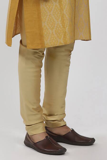 Shop_Krishna Mehta_Yellow Tussar, Cotton Embroidery Hand Block Print Kurta Set _Online_at_Aza_Fashions