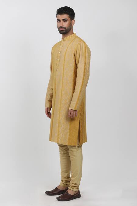 Krishna Mehta_Yellow Tussar, Cotton Embroidery Hand Block Print Kurta Set _at_Aza_Fashions