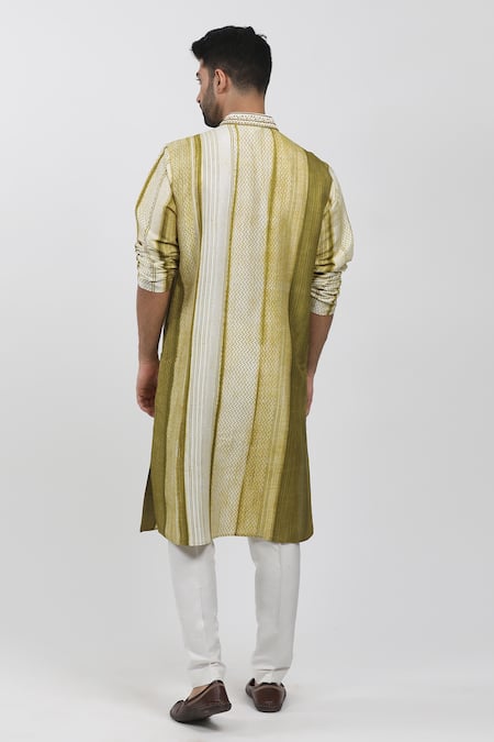 Krishna Mehta Green Tussar Embroidery Chevron Stripe Block Print Kurta Set Online at Aza Fashions Krishna Mehta_Green Tussar Embroidery Chevron Stripe Block Print Kurta Set _Online_at_Aza_Fashions