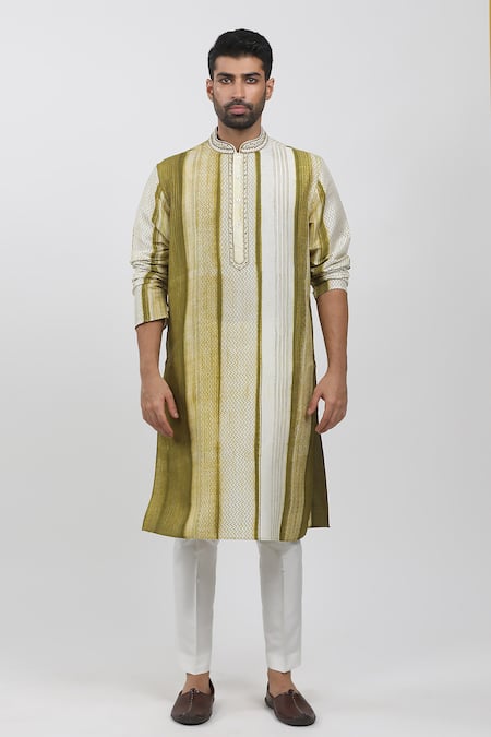 Buy Krishna Mehta Green Tussar Embroidery Chevron Stripe Block Print Kurta Set Online at Aza Fashions Buy_Krishna Mehta_Green Tussar Embroidery Chevron Stripe Block Print Kurta Set _Online_at_Aza_Fashions