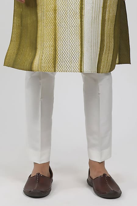 Shop Krishna Mehta Green Tussar Embroidery Chevron Stripe Block Print Kurta Set Online at Aza Fashions Shop_Krishna Mehta_Green Tussar Embroidery Chevron Stripe Block Print Kurta Set _Online_at_Aza_Fashions