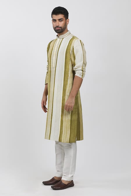 Krishna Mehta Green Tussar Embroidery Chevron Stripe Block Print Kurta Set at Aza Fashions Krishna Mehta_Green Tussar Embroidery Chevron Stripe Block Print Kurta Set _at_Aza_Fashions