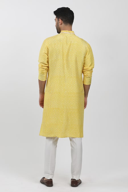 Krishna Mehta_Yellow Tussar Embroidery Floral Geometric Block Print Kurta Set _Online_at_Aza_Fashions