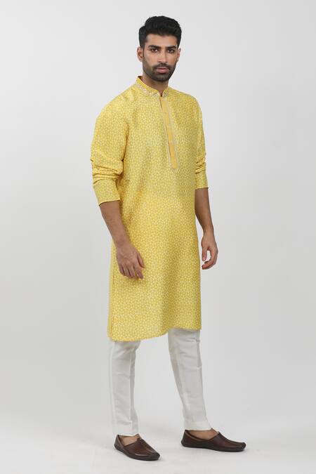 Buy_Krishna Mehta_Yellow Tussar Embroidery Floral Geometric Block Print Kurta Set _Online_at_Aza_Fashions