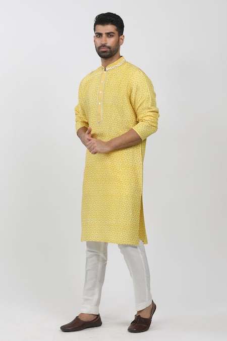 Shop_Krishna Mehta_Yellow Tussar Embroidery Floral Geometric Block Print Kurta Set _Online_at_Aza_Fashions