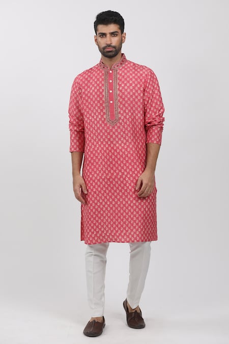 Krishna Mehta Pink Tussar, Cotton Zari, Embroidery Floral Block Print Kurta Set 