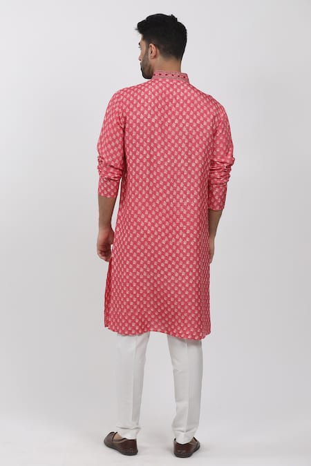Krishna Mehta_Pink Tussar, Cotton Zari, Embroidery Floral Block Print Kurta Set _Online_at_Aza_Fashions