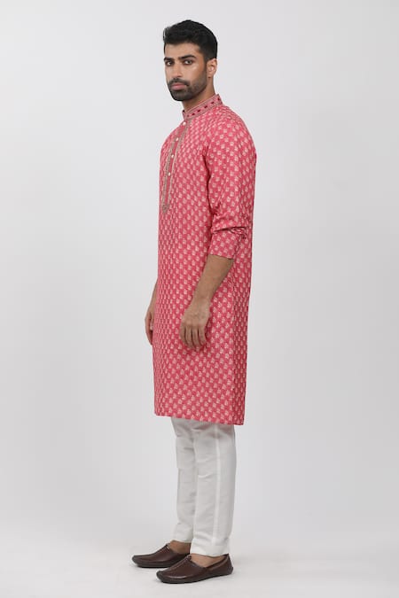 Shop_Krishna Mehta_Pink Tussar, Cotton Zari, Embroidery Floral Block Print Kurta Set _Online_at_Aza_Fashions