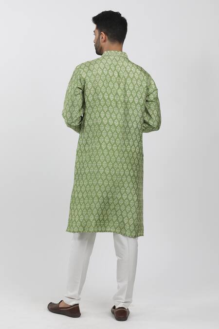 Krishna Mehta_Green Tussar, Cotton Embroidery Vintage Block Print Kurta Set _Online_at_Aza_Fashions