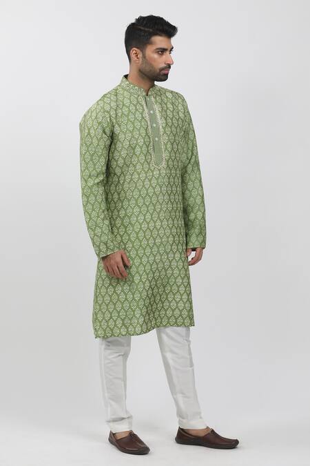 Buy_Krishna Mehta_Green Tussar, Cotton Embroidery Vintage Block Print Kurta Set _Online_at_Aza_Fashions