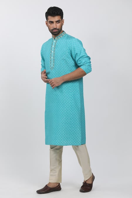Krishna Mehta Blue Tussar Zari, Embroidery Leaf Block Print Kurta Set 