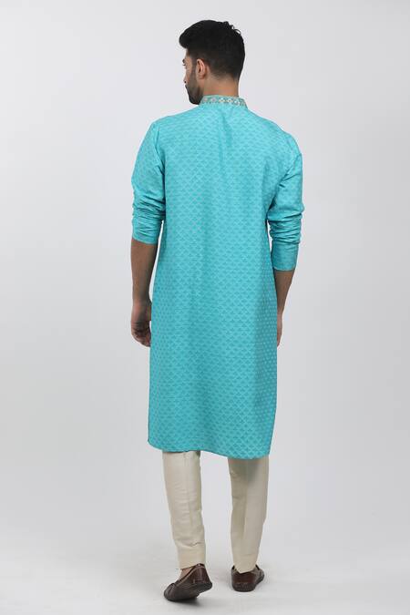 Krishna Mehta Blue Tussar Zari, Embroidery Leaf Block Print Kurta Set Online at Aza Fashions Krishna Mehta_Blue Tussar Zari, Embroidery Leaf Block Print Kurta Set _Online_at_Aza_Fashions