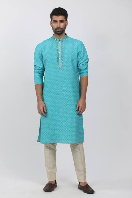 Buy Krishna Mehta Blue Tussar Zari, Embroidery Leaf Block Print Kurta Set Online at Aza Fashions Buy_Krishna Mehta_Blue Tussar Zari, Embroidery Leaf Block Print Kurta Set _Online_at_Aza_Fashions