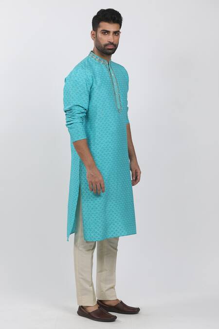 Shop Krishna Mehta Blue Tussar Zari, Embroidery Leaf Block Print Kurta Set Online at Aza Fashions Shop_Krishna Mehta_Blue Tussar Zari, Embroidery Leaf Block Print Kurta Set _Online_at_Aza_Fashions