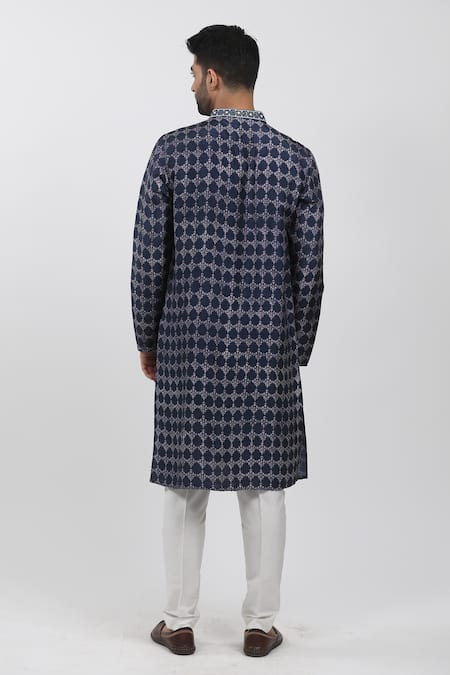 Krishna Mehta Blue Tussar Embroidery Vintage Hand Block Print Kurta Set Online at Aza Fashions Krishna Mehta_Blue Tussar Embroidery Vintage Hand Block Print Kurta Set _Online_at_Aza_Fashions