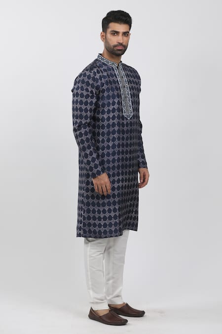 Buy Krishna Mehta Blue Tussar Embroidery Vintage Hand Block Print Kurta Set Online at Aza Fashions Buy_Krishna Mehta_Blue Tussar Embroidery Vintage Hand Block Print Kurta Set _Online_at_Aza_Fashions