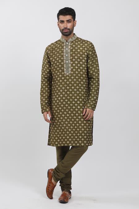 Krishna Mehta Green Tussar Embroidery Florette Hand Block Print Kurta Set 