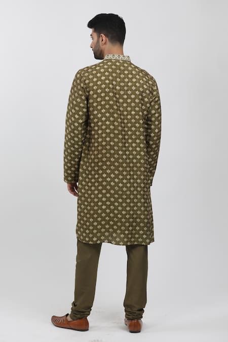 Krishna Mehta Green Tussar Embroidery Florette Hand Block Print Kurta Set Online at Aza Fashions Krishna Mehta_Green Tussar Embroidery Florette Hand Block Print Kurta Set _Online_at_Aza_Fashions