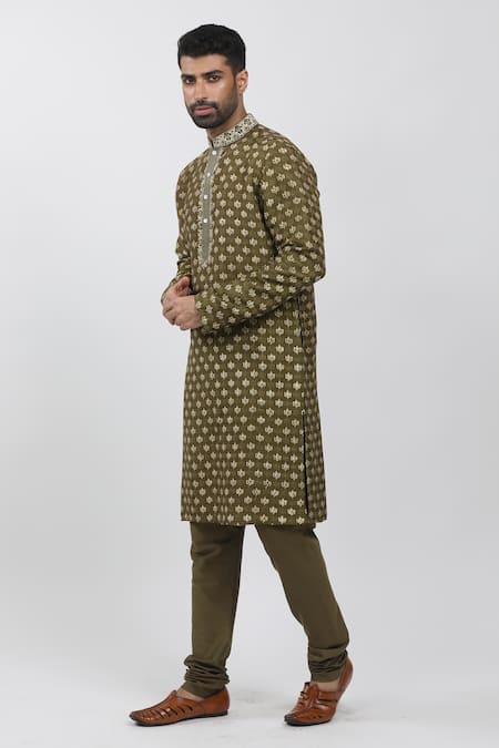 Buy Krishna Mehta Green Tussar Embroidery Florette Hand Block Print Kurta Set Online at Aza Fashions Buy_Krishna Mehta_Green Tussar Embroidery Florette Hand Block Print Kurta Set _Online_at_Aza_Fashions