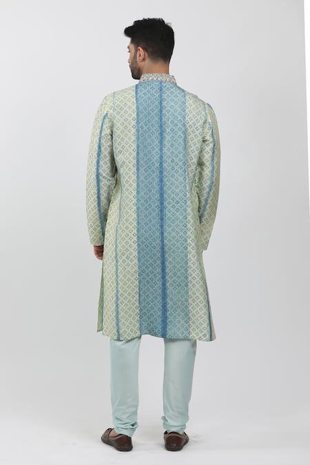 Krishna Mehta_Blue Tussar Embroidery Geometric Hand Block Print Kurta Set _Online_at_Aza_Fashions