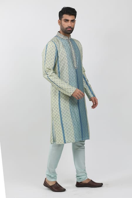 Buy_Krishna Mehta_Blue Tussar Embroidery Geometric Hand Block Print Kurta Set _Online_at_Aza_Fashions
