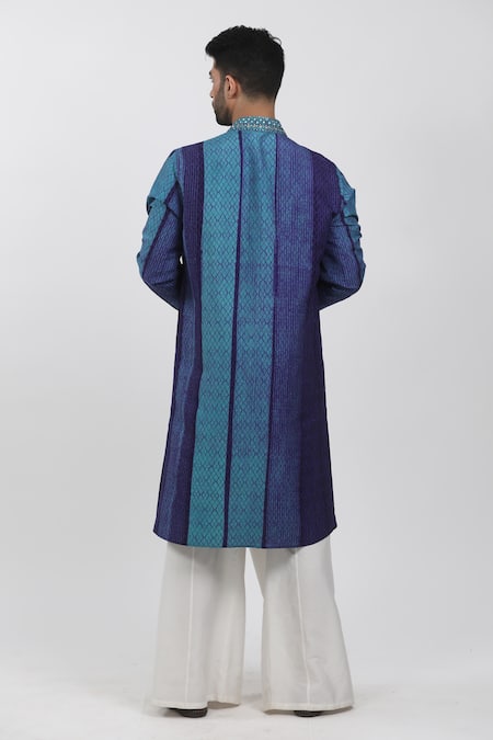 Krishna Mehta Blue Tussar Embroidery Checkered Hand Block Print Kurta Set Online at Aza Fashions Krishna Mehta_Blue Tussar Embroidery Checkered Hand Block Print Kurta Set _Online_at_Aza_Fashions