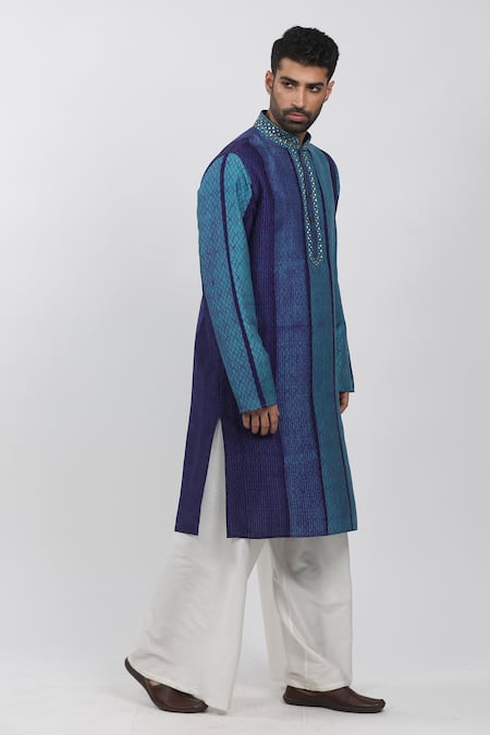 Buy Krishna Mehta Blue Tussar Embroidery Checkered Hand Block Print Kurta Set Online at Aza Fashions Buy_Krishna Mehta_Blue Tussar Embroidery Checkered Hand Block Print Kurta Set _Online_at_Aza_Fashions