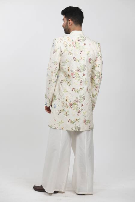 Shop Krishna Mehta Cream Cotton Viscose Embroidered Silk Thread Work Floral Sherwani Set at Aza Fashions Shop_Krishna Mehta_Cream Cotton Viscose Embroidered Silk Thread Work Floral Sherwani Set_at_Aza_Fashions