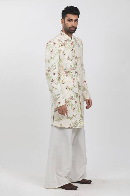 Krishna Mehta Cream Cotton Viscose Embroidered Silk Thread Work Floral Sherwani Set Online at Aza Fashions Krishna Mehta_Cream Cotton Viscose Embroidered Silk Thread Work Floral Sherwani Set_Online_at_Aza_Fashions