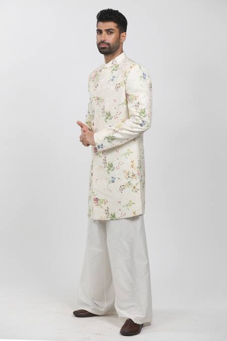 Buy Krishna Mehta Cream Cotton Viscose Embroidered Silk Thread Work Floral Sherwani Set Online at Aza Fashions Buy_Krishna Mehta_Cream Cotton Viscose Embroidered Silk Thread Work Floral Sherwani Set_Online_at_Aza_Fashions