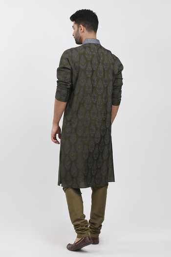 KRISHNA MEHTA_Green Tussar Embroidery Floral Hand Block Print Kurta Set _Online_at_Aza_Fashions
