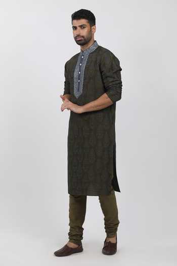 Buy_KRISHNA MEHTA_Green Tussar Embroidery Floral Hand Block Print Kurta Set _Online_at_Aza_Fashions