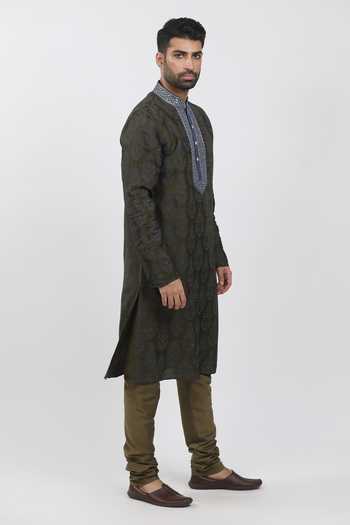 Shop_KRISHNA MEHTA_Green Tussar Embroidery Floral Hand Block Print Kurta Set _Online_at_Aza_Fashions