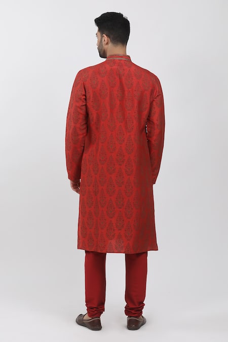 Krishna Mehta Red Tussar Embroidery, Sequins Flower Hand Block Print Kurta Set Online at Aza Fashions Krishna Mehta_Red Tussar Embroidery, Sequins Flower Hand Block Print Kurta Set _Online_at_Aza_Fashions
