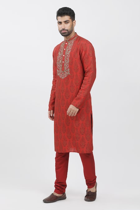 Buy Krishna Mehta Red Tussar Embroidery, Sequins Flower Hand Block Print Kurta Set Online at Aza Fashions Buy_Krishna Mehta_Red Tussar Embroidery, Sequins Flower Hand Block Print Kurta Set _Online_at_Aza_Fashions