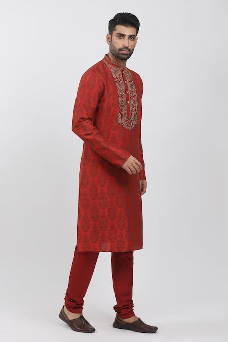 Shop Krishna Mehta Red Tussar Embroidery, Sequins Flower Hand Block Print Kurta Set Online at Aza Fashions Shop_Krishna Mehta_Red Tussar Embroidery, Sequins Flower Hand Block Print Kurta Set _Online_at_Aza_Fashions