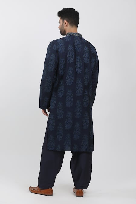 Krishna Mehta_Blue Tussar Embroidery, Sequins Floral Butta Hand Block Print Kurta Set _Online_at_Aza_Fashions