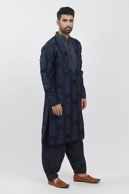 Buy_Krishna Mehta_Blue Tussar Embroidery, Sequins Floral Butta Hand Block Print Kurta Set _Online_at_Aza_Fashions